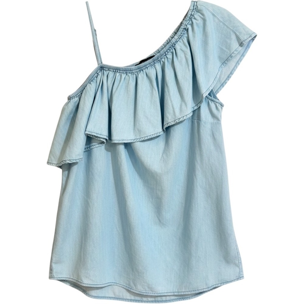 Light Wash Chambray One Shoulder Ruffle Top Boho Summer Blouse Plus Size 14/16